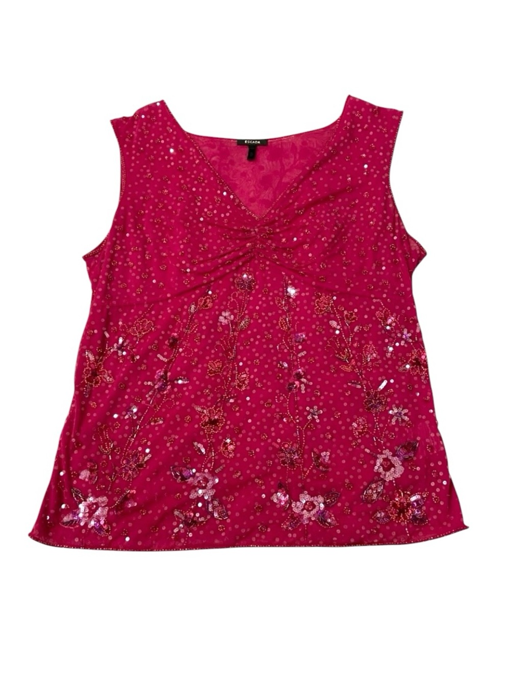 Escada Pink Beaded Sequin Floral Mesh Tank Top Size 42 Y2K Glam